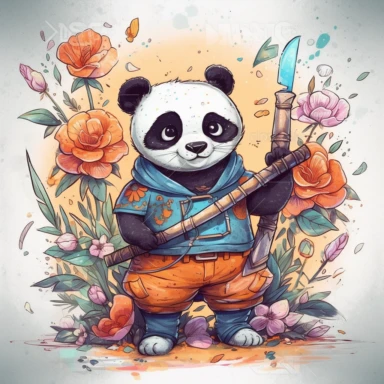 a happy panda with a bamboo shoot and a martial arts belt, depicted in a whimsical, cartoon style, watercolor, surrounded by colorful flowers and butterflies. The mood of the artwork is cheerful and playful, with a soft pastel color palette. The lighting style is bright and sunny, evoking a warm and inviting feeling. clipart design graphic, vector, contour, super cute, isolated white background, high quality, 2d, flat