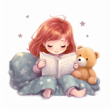Baby Girl with red hair Clipart hugging her teddy bears pooh bear style, and reading a nighttime story in her bed, making sure bears have two eyes, in the right place,cute nursery clipart, clip art, baby girl nursery