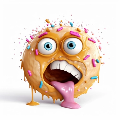 clipart of a messy female donut, there is a funny face in the female donut, cartoon, for kids, funny, pixar, cream filling, hole in the middle, 8k, white background, sharp focus, detailed,