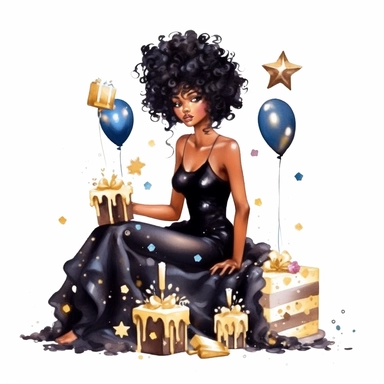 birthday black girl wearing black dress full body sitting with birthday cake, fantasy clipart, on white background, hd, watercolor art