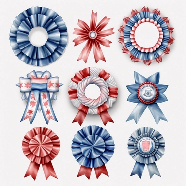 Independence Day Ribbons and Rosettes: Create clipart featuring decorative ribbons or rosettes in patriotic colors. Arrange them in bows, knots, or circular shapes to add a sophisticated and celebratory touch to your designs. delicate detail, watercolor, in the style of artgerm, 2d game art, quadratura, clipart, on white background,