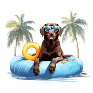 Chocolate labrador retriever, sunglasses, pool float, white background, cool dog, summer time, clipart, palm tree