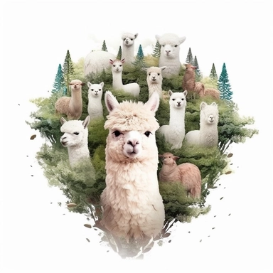 • collage quirky cool collage forest alpaca Vicugna pacos clipart, detailed, clean line, hd, on white background, spaced out