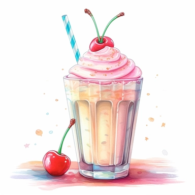 clipart soft watercolor pastel neon colors without splashed background - milkshake cup with straw and cream on top with colorful sprinkles on it and a cherry on it - hard contrast - high details - enough space between each item