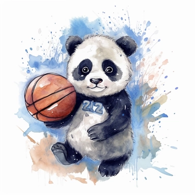 Create a watercolor illustration clipart of a playful cute Baby Panda Playing basketball, with its full body visible. Use soft, flowing brushstrokes and a warm, inviting color palette to create an image that is both charming and whimsical. Incorporate intricate details like the motion of the Baby Panda Playing basketball to create a lifelike, realistic image. Can add other elements to the illustration like related item to play to create playful scene. Use white background to allow the watercolor