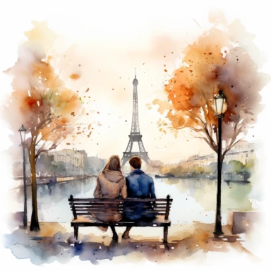 Sweet watercolor clipart of a couple sitting on a park bench in Paris, admiring the view of the Eiffel Tower.