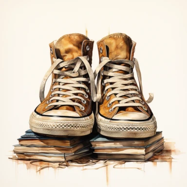 hand drawn , watercolor, hyper realistic, white background, white margins, 16k, ultra detailed clipart, cut out image, hand-drawn, ultra HD, sharp and clean art a stack of vintage old worn sneakers 1940 -1950 era , capturing the romantic and feminine aesthetics often associated with vintage fashion and travel, Clipart