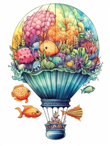 watercolor clipart with white background, hotair balloon with an under the ocean theme design on the hotair balloon, marine life on the desing, incorporate an artistic theme and meticulous attention to stitching and gradients, flat design, clearly defined separated image, high quality