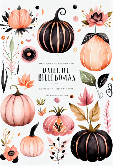 a pretty boho fun art collection on a white background with margins, pink orange and black Halloween pumpkins, watercolor, clipart,