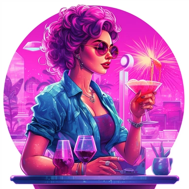 synthwave-styled bussiness woman drinking cocktails on the bar, full-body , watercolor , in the style of dan mumford, light magenta, tropical symbolism, cute and colorful, transparent layers, rounded, vibrant and colorful, clipart, white background, high detail, individual elements