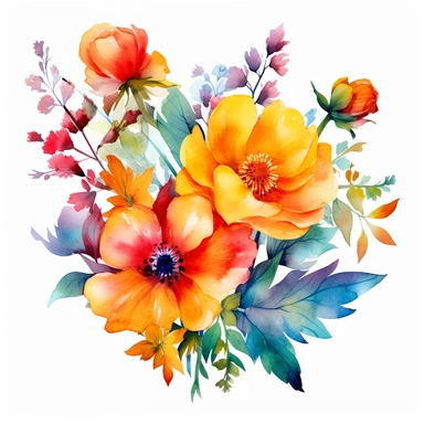 watercolor summer flower group for corner of invitation, clipart isolated on clear white background, bright colors, boho, lithograph, 32k uhd, textural