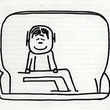 Clipart, Jeff Kinney's Diary of a Wimpy Kid style, A student sitting on a seat on the school bus. They have headphones on and are listening to music.