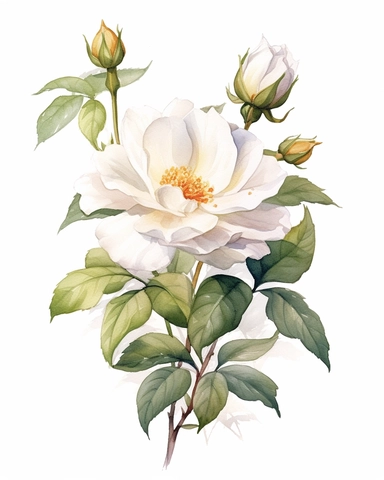 watercolor sketch of Tea Rose with white flower composition, clipart, clean and simple design, realistic color scheme, high-contrast image, white background,