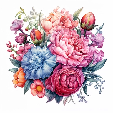 Watercolours, A detailed illustration of Carnation bouquet peony english roses and fern, intricated details, vintage, fantasy art, rainbow colors, pastel tetradic colors, variety of colorful flowers, hand-drawn, digital painting,soft lighting, modern aesthetic, 4K resolution, on white background, spaced out Sublimation Clipart,hyper realistic, intricate detail, illustration style,high solution,on the white background