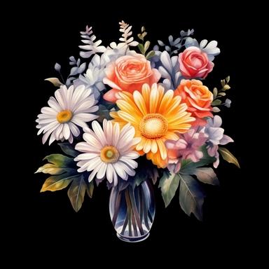realistic watercolor arrangement of roses, daisies and gerberas, black background, soft lighting, clear outlines, clipart