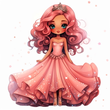 A cute detailed black girl in chibi style, Jasmine Becket - Griffith style, watercolour illustration clipart with real glitter detail, wearing a beautiful pink full length ballgown style dress, the girl has long red hair, the girl has blue eyes, full body image, with feet isolated on a white background,
