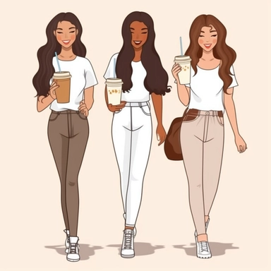 Clipart of three bestfriends, cute, girlfriends, walking side by side, facing backward, each with a different long hairstyle, wearing fitted white tshirts and white sneakers, holding up iced coffees, happy, isolated on a transparent background