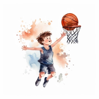 cute Watercolor cartoon basketball player shooting hoops, clipart, white background