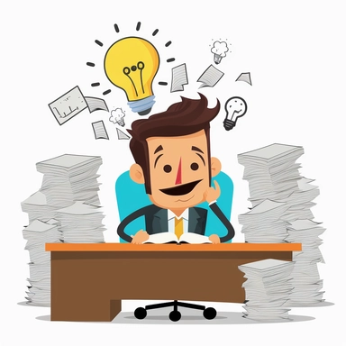 create a clipart for a presentation showing employee sitting behind the desk and having brilliant idea! Very excited!. Papers and documents are piling up on his desk. White background