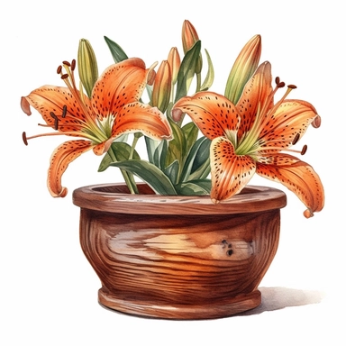Realistic Tiger Lily flowers in a small wooden pot, watercolor clipart, isolated white background, high resolution, very detailed, 32k
