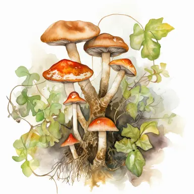 A group of mushrooms with vines wrapped around them, watercolor, clipart, white background. Inspired by the works of the artist Anna Bond, the scene depicts a group of mushrooms with vines wrapped around them, creating a natural and organic composition. The color temperature is warm, with a soft orange and green palette. The lighting is natural, creating subtle shadows and highlights, and the atmosphere is peaceful and serene.