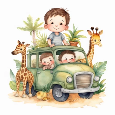 watercolor clipart,A super cute happy boy and safari animals, in a jungle jeep, illustration watercolor style, minimalistic, clipart, children's book illustration, hd, 16k, 4k ,isolated white background,single design, single object, watercolor illustration by mark ryden ,print on demand image, PNG transparent background, white background for removing background