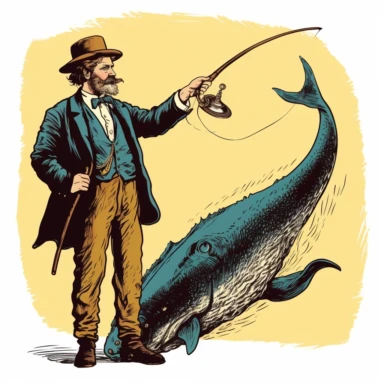 a man looking like huckleberry finn, clipart, fishing rod, presenting a whale