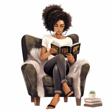 Melanin girl PNG | Black Girl Clipart, Black Woman Illustration, African American Fashion Digital Print, Self Love Clipart, pixie cut hairstyle, sitting in chair reading a book