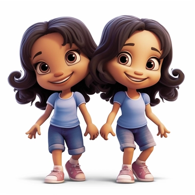 illustration of hispanic beautiful twin little girls clipart, pixar