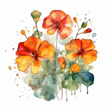 watercolor illustration of Nasturtiums flowers, watercolor clipart, watercolor splashes, spring boho vibes, 4k uhd, realistic floral portrait, white background
