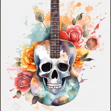 GUITAR WITH skull watercolor background clipart