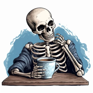 a clipart of a tired skeleton drinking hot cup of coffee trying to stay awake, vintage style, clear transparent background