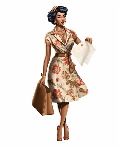 Illustrations, full body shot of Ultra beautiful polynesian lady Boss Clipart, Brown girl magic, wearing Fashion Nova Church dresses, Clipart, Black woman art, Brown Girl Digital Sticker, summer business suit all on white paper background in the style of norman rockwell and gil elvgren