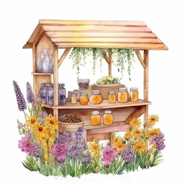 hand drawn honey stand, honey for sale, flowers and grass, shades of yellow and purple, very detailed, very realistic, watercolor, clipart style white background with margins