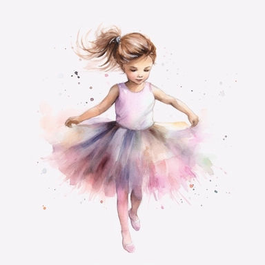 little girl dancing in tutu, watercolor, pastels, whitebackground, clipart