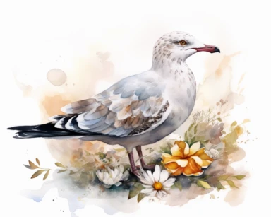 watercolor painting of Seagull on white background beautiful multi - headed pale, Flora Design Patterns, Flemish Baroque by Rachel Ruysch, Behance, Rococo, Intricate Detailed, Soft Light Effect, Oil Paint Strokes, Light Academia Aesthetic Flowers, Lighting cinematic, all shown shimmering stamens, tyndall light, light effect, texture, colorful, 8k, fantasy, ray tracing, depth of field, vivid, spectacular lighting, octane rendering, highly detailed, ultra - realistic, white background, clipart