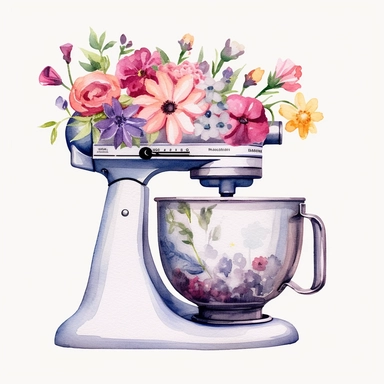 Watercolor clipart, A vintage style drawing of a Stand Mixer decorate with flowers motifs, kitchen aid style, high resolution, white background, Sublimation graphics, by Katie Daisy, Watercolor clipart, single design, single object, print on demand image, PNG transparent background, white background for removing background - - no text shadow font watermark, 8k