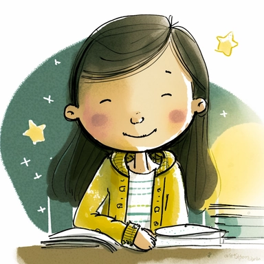 watercolor clipart of a happy Asian-American girl student working hard on a writing project late into the night, moon and stars
