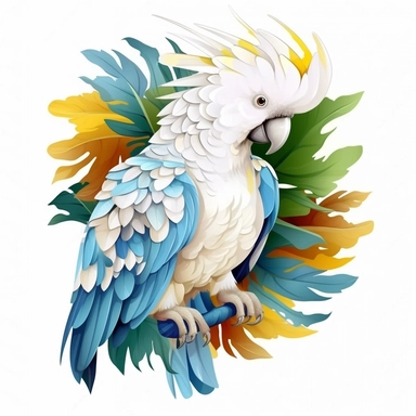 Beautiful 3D color Cockatoo with tropical Sublimation Clipart, Cartoon, hyper realistic, intricate detail, illustration style,high solution,on the white background