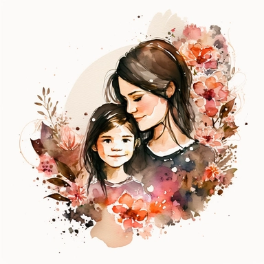 no words straight dark hair mom and daughter watercolor clipart with flowers and hearts