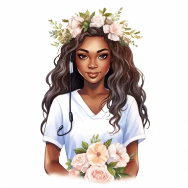 Beautiful black woman nurse with straight hair, folk art, watercolor, clipart, kawaii, white background