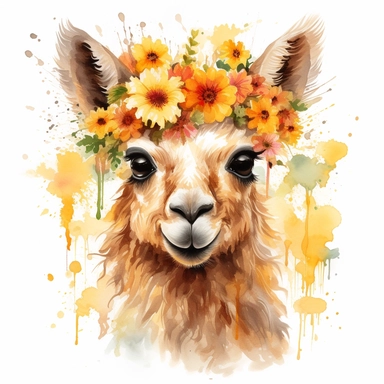 Create a captivating wide-angle watercolor clipart featuring a beautiful light llama surrounded by a vibrant sunflower. This ultra HD image (16k) with finest premium quality should evoke a sense of harmony and joy. Set the clipart against a solid white background to achieve a clean and versatile aesthetic. Use soft, delicate watercolor strokes to bring the llama and sunflower to life, capturing their enchanting beauty and radiance. Emphasize the wide angle to create a sense of openness, showcasi
