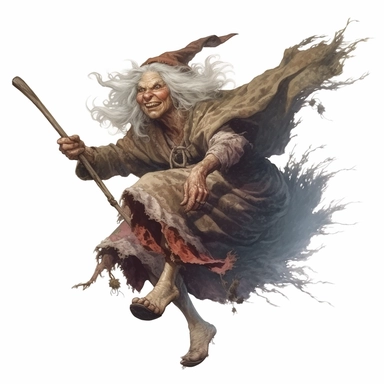 a clip art on white background in the style of Bob Byerley of an old woodland witch riding a magical broom
