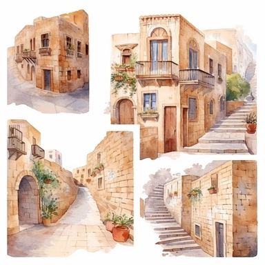 watercolor mardin town in turkiye, illustrations clipart set, simple, , cartoon elements ,different variants , historic stone houses,historic buildings, cobblestone lanes, tone facades of the buildings, Mardin's stone Alleyways separate elements with a margin