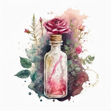 a vial of potion with roses insides, white and pinkes vibes, watercolor clipart