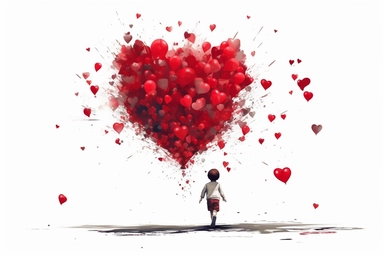 cute beutiful boy, red half of the heart shape balloon geometric minimalist , valentine's day, top view, running in Tokyo, ink, Ghibli style, 8k, Leyka 35mm very detail clipart on white background space out 8k
