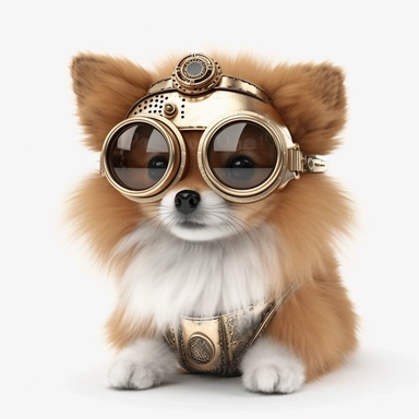steampunk pomeranian wearing googles, photorealistic, white background, clipart