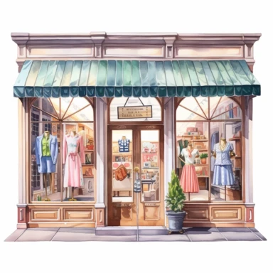 watercolor, hyper realistic, white background, white margins, 16k, ultra detailed clipart, cut out image, hand-drawn vintage clothing boutique with a brightly painted storefront and mannequins dressed in retro clothing in the window display.