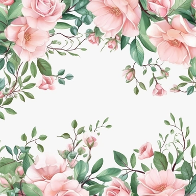 watercolor, hyper realistic, white background, white margins, 16k, ultra detailed clipart, cut out image, hand-drawn, whimsical manhwa style, ultra HD, sharp and clean art a garland made of intertwined roses and leaves, perfect for adding a romantic touch to borders or headers. Soft Pink and Emerald Green - Create a romantic and enchanting atmosphere with a color scheme consisting of soft pink shades for the roses and lush emerald green for the foliage
