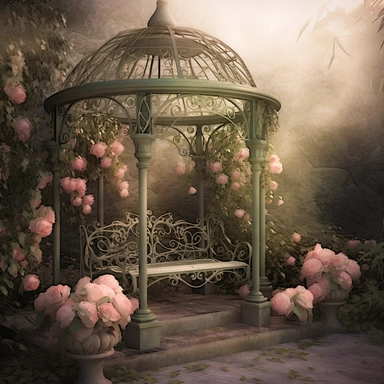 deep colors, fantasy rose evening garden with antique wrought iron bench and gazebo, soft pink and green and khaki colors, romantic, clipart style, shabby chic, ethereal, fantasy, 8k, photo realistic, sharp focus, high precise detail, transparent background, (--iw 15)